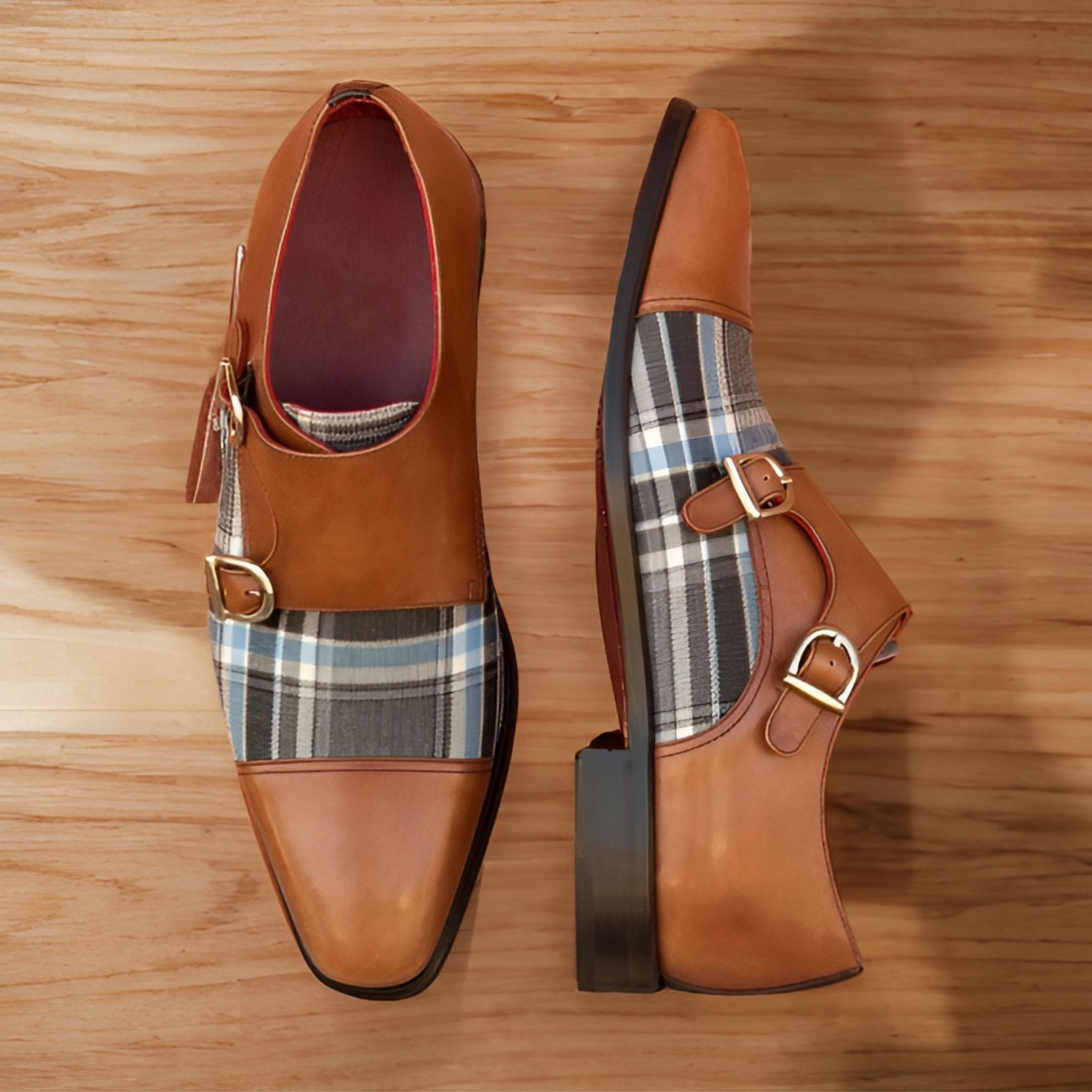 Cognac and Plaid Men's Double Monks